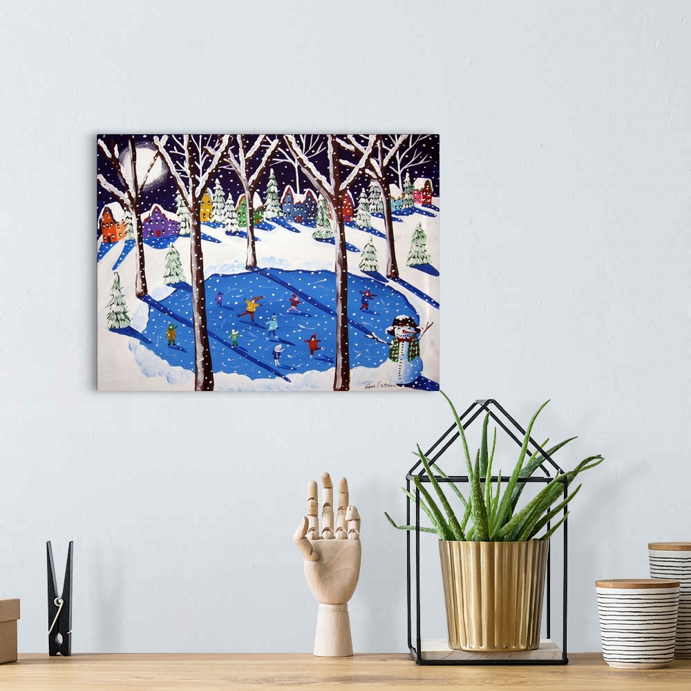 A bohemian room featuring Fun winter scene with the neighborhood kids skating on the pond in front of their colorful houses...