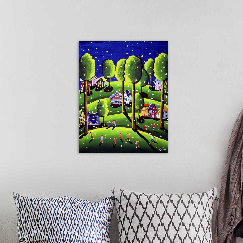 A bohemian room featuring Whimsical scene with children catching fireflies in front of the neighborhood houses.