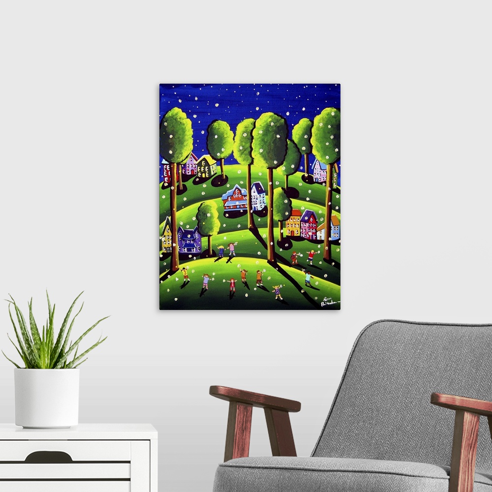 A modern room featuring Whimsical scene with children catching fireflies in front of the neighborhood houses.