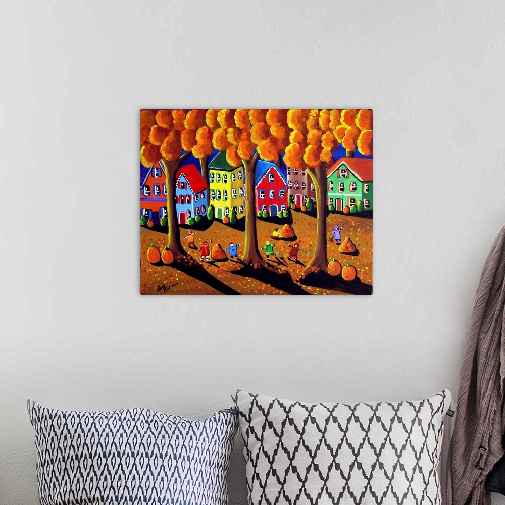 A bohemian room featuring Fun folk art piece with the neighborhood children who've gathered to rake leaves. They plan on ru...
