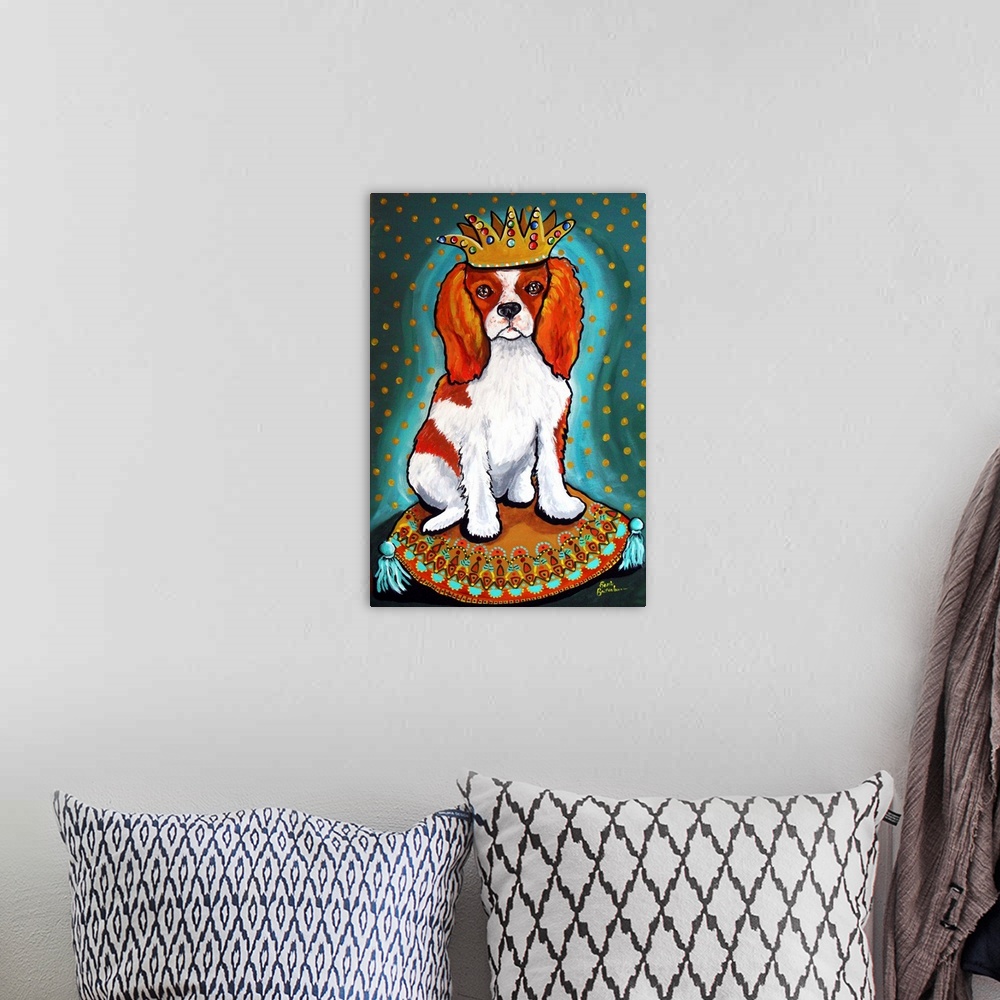 A bohemian room featuring Painting of a King Charles Spaniel wearing a crown.