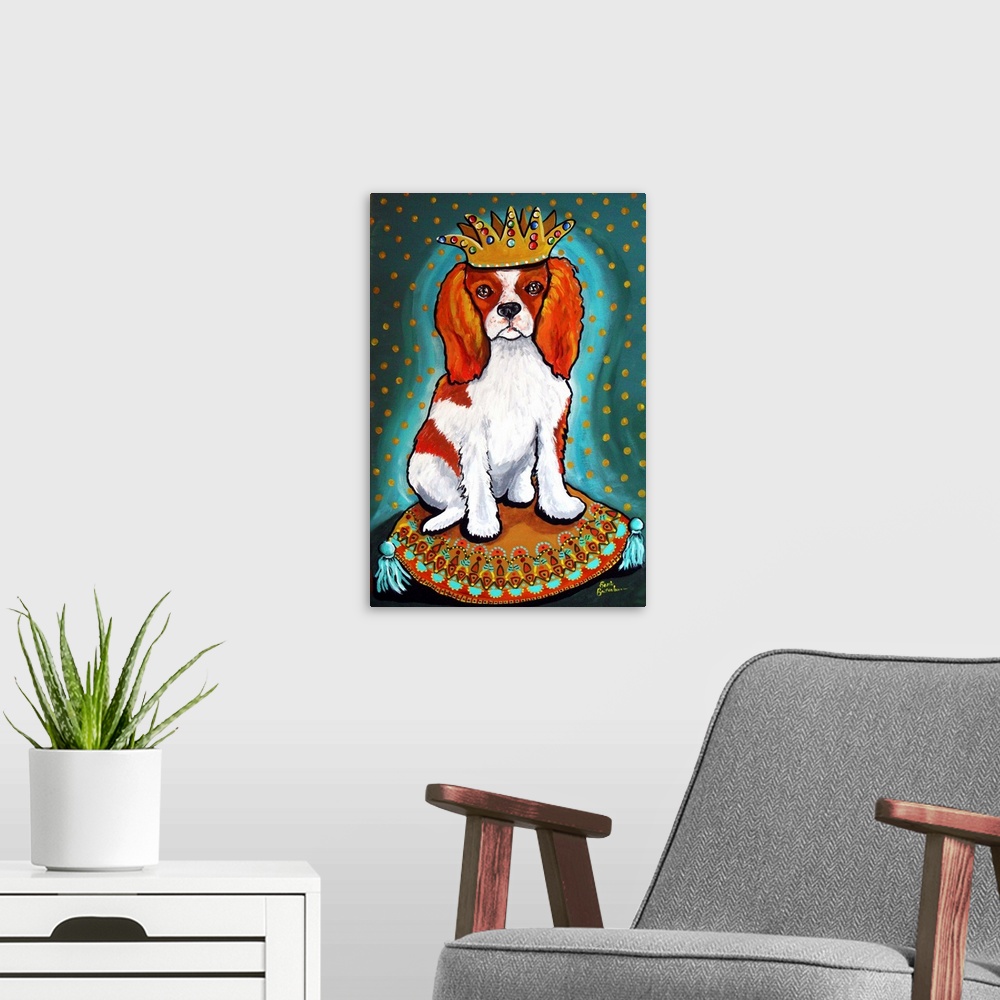 A modern room featuring Painting of a King Charles Spaniel wearing a crown.