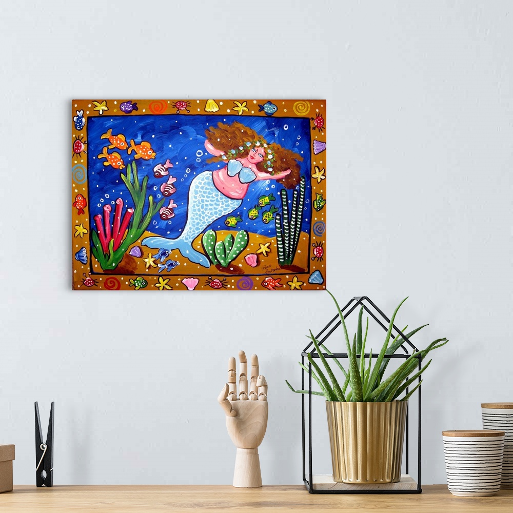 A bohemian room featuring Folk art border with fish, sea shells, star fish, surrounds the beautiful, chubby mermaid in ligh...