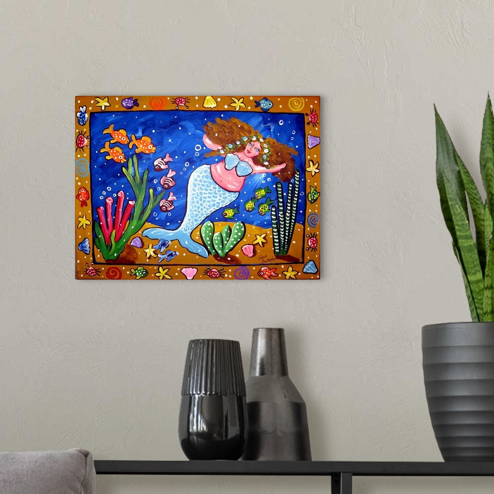A modern room featuring Folk art border with fish, sea shells, star fish, surrounds the beautiful, chubby mermaid in ligh...