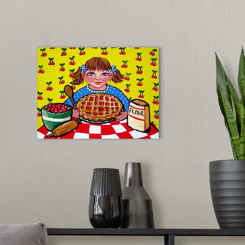 A modern room featuring Little girl proudly showing the pie she just baked.