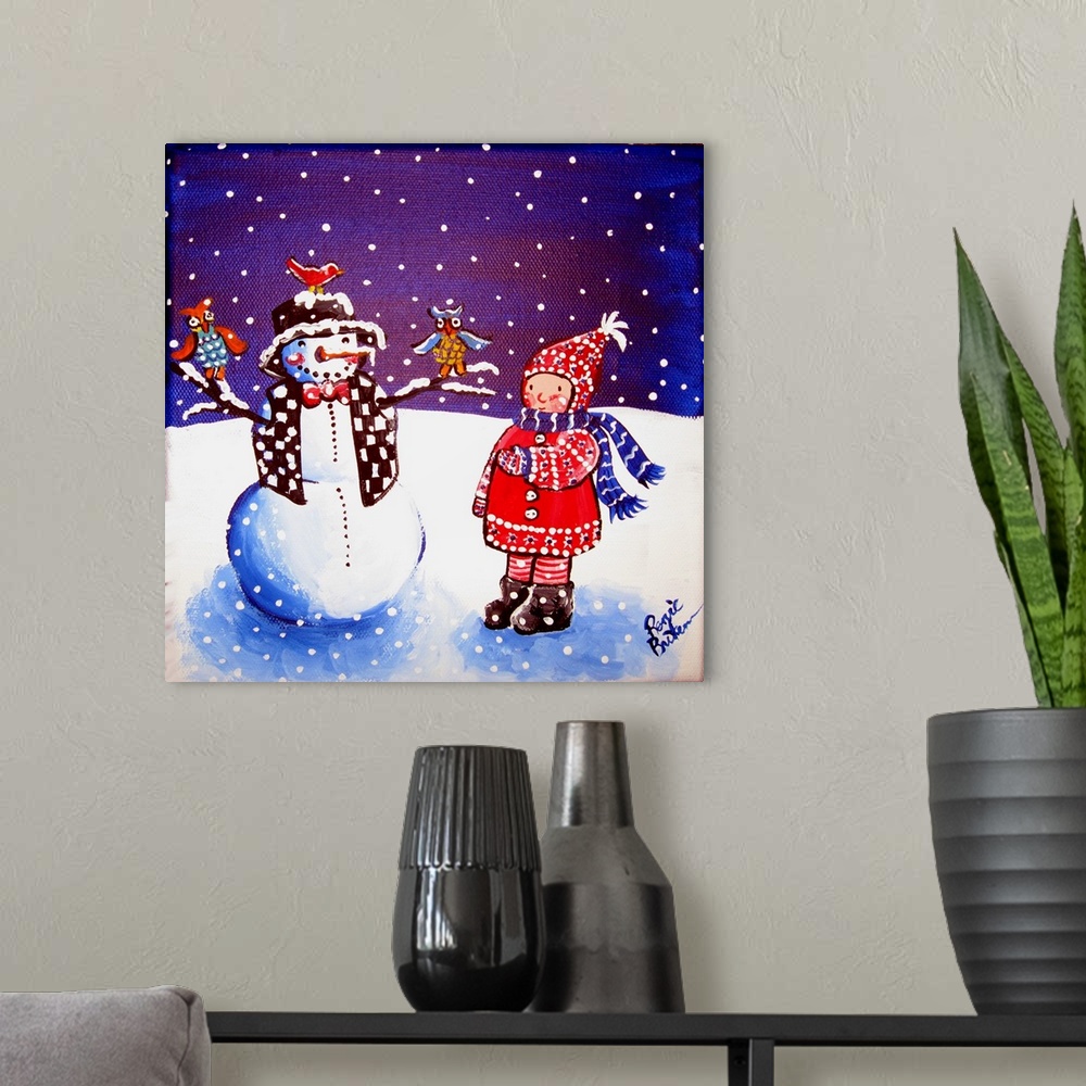 A modern room featuring A little girl looks at a snowman who has owls on his branch arms.
