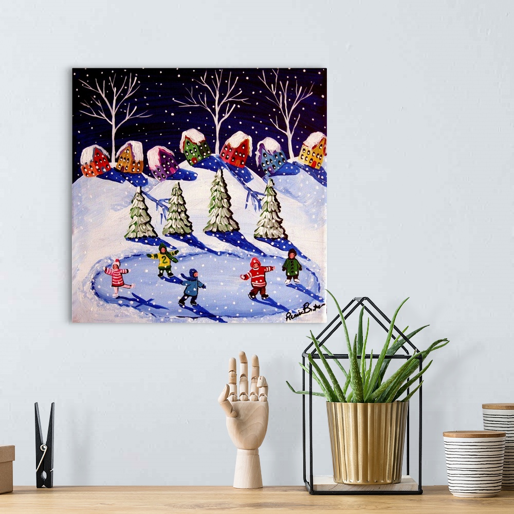 A bohemian room featuring A group of children are taking advantage of the great winter weather, skating on the pond in fron...