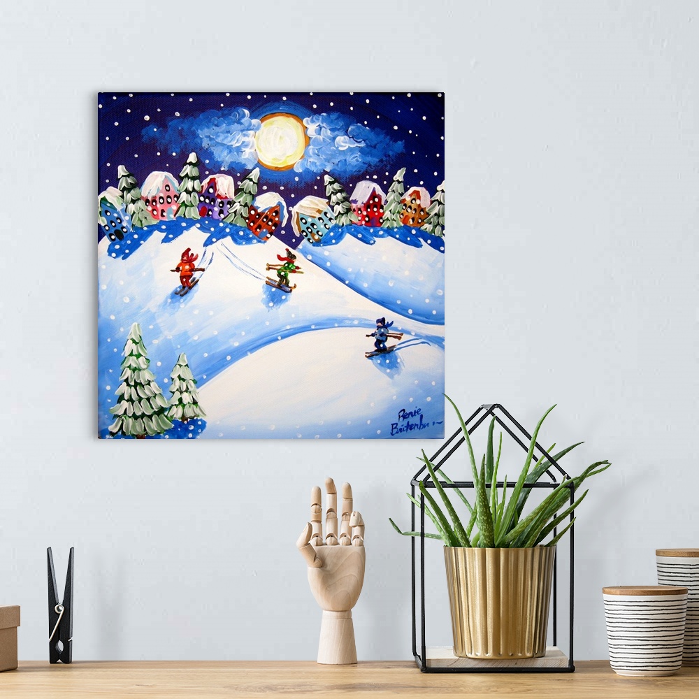 A bohemian room featuring Winter folk art with 3 skiers racing down the hills on the newly fallen snow.