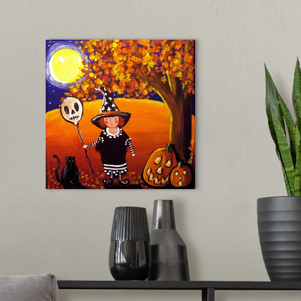 A modern room featuring Painting of a little girl dressed as a witch on Halloween with a black cat and two jack-o-lantern...