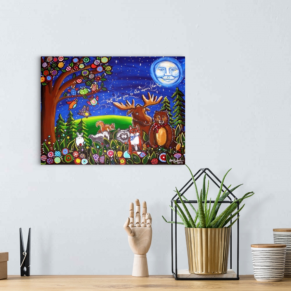 A bohemian room featuring Whimsical forest animals, a moose, fox, squirrel, raccoon, bunny, bear and owls with the saying, ...