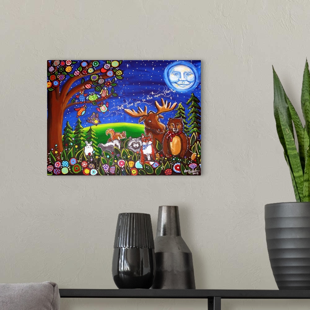 A modern room featuring Whimsical forest animals, a moose, fox, squirrel, raccoon, bunny, bear and owls with the saying, ...