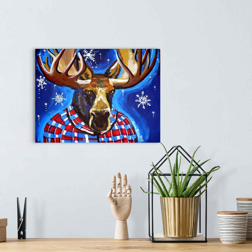 A bohemian room featuring Mystical Mahatma Moose with snowflakes in the background.
