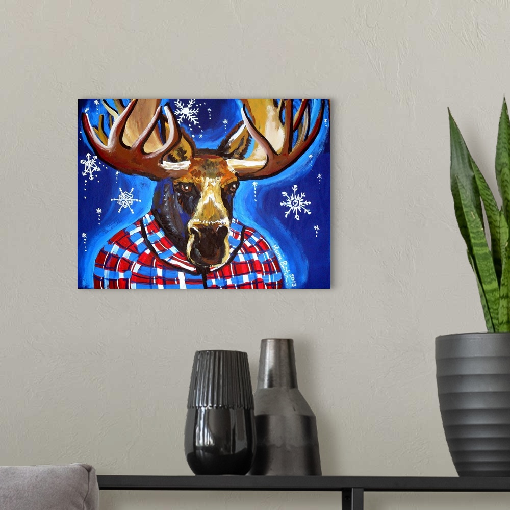 A modern room featuring Mystical Mahatma Moose with snowflakes in the background.