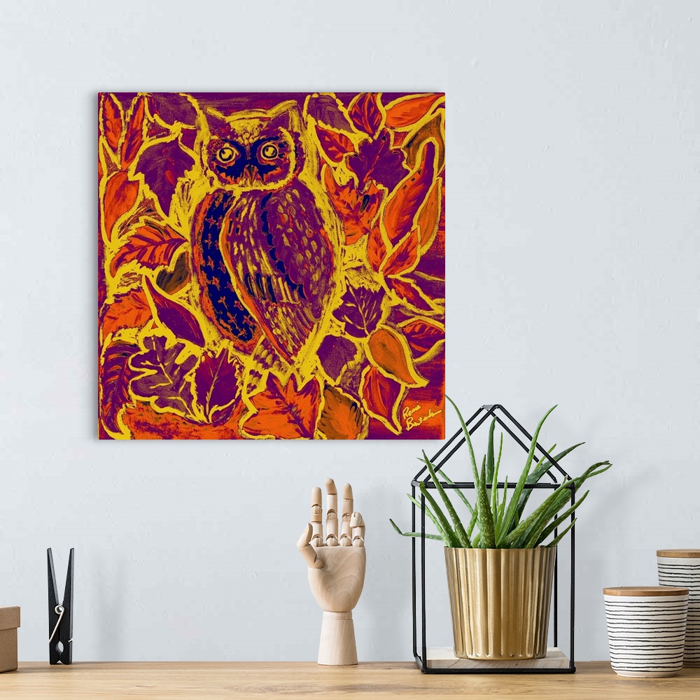 A bohemian room featuring Painting of an owl in purple, orange, yellow, and blue hues with a batik design.
