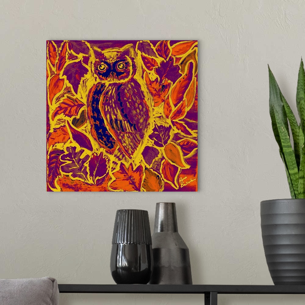 A modern room featuring Painting of an owl in purple, orange, yellow, and blue hues with a batik design.