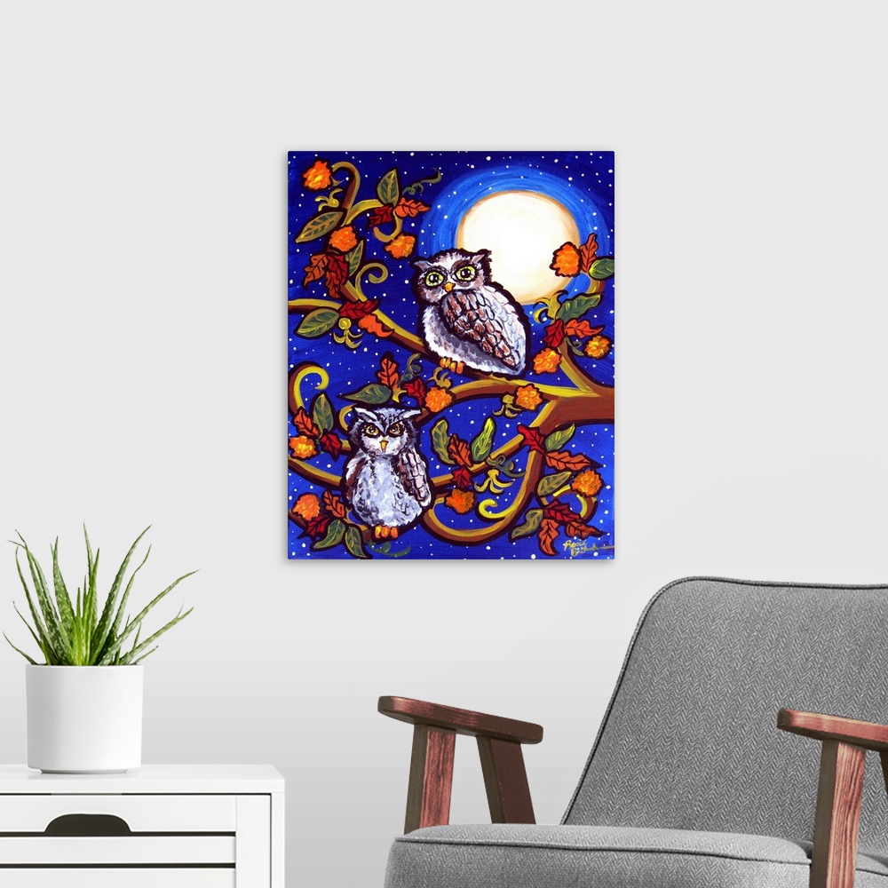 A modern room featuring Two owls sit among some fall leaves, in the moonlight.
