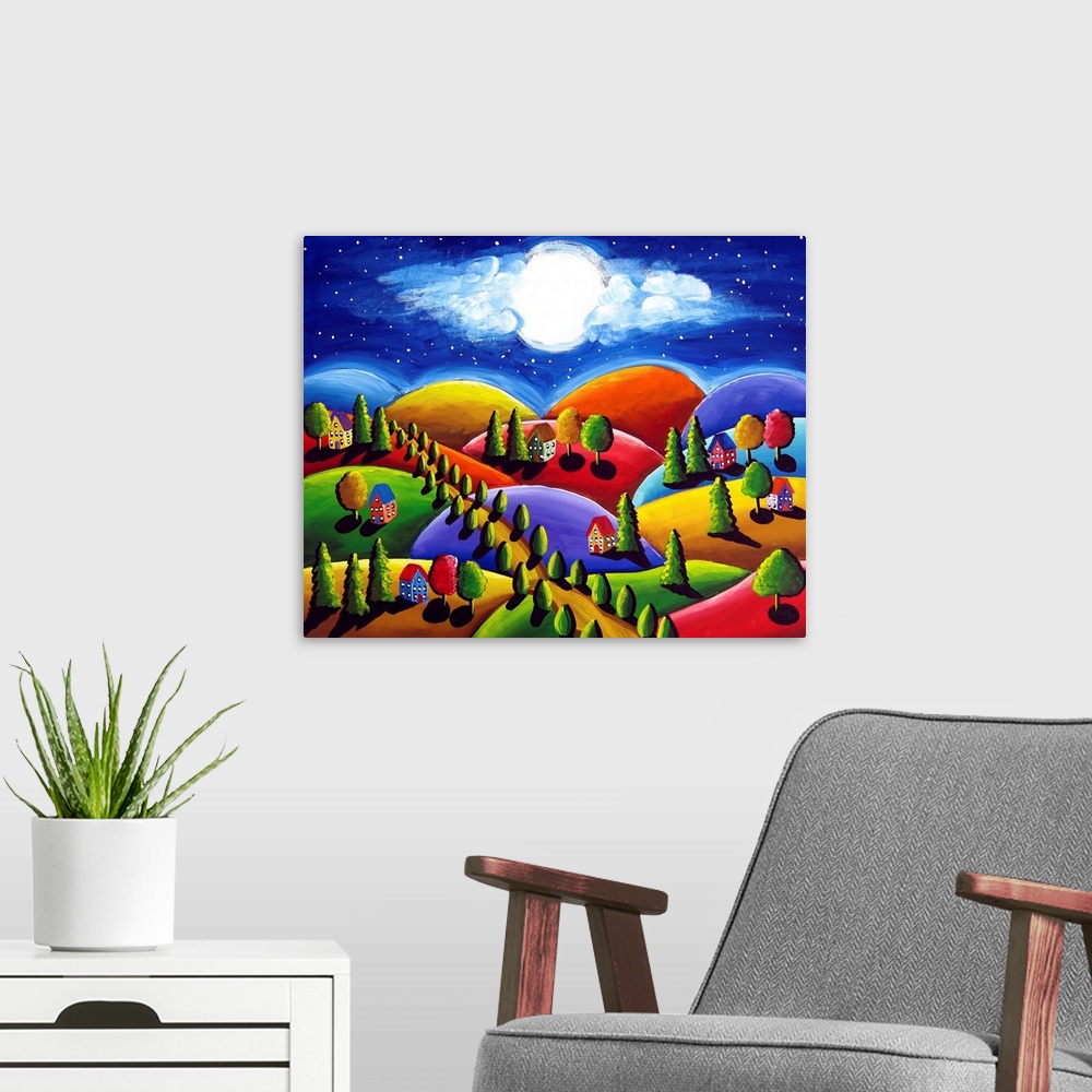 A modern room featuring Whimsical depiction of small colorful houses in a tuscan landscape under the moon and clouds that...