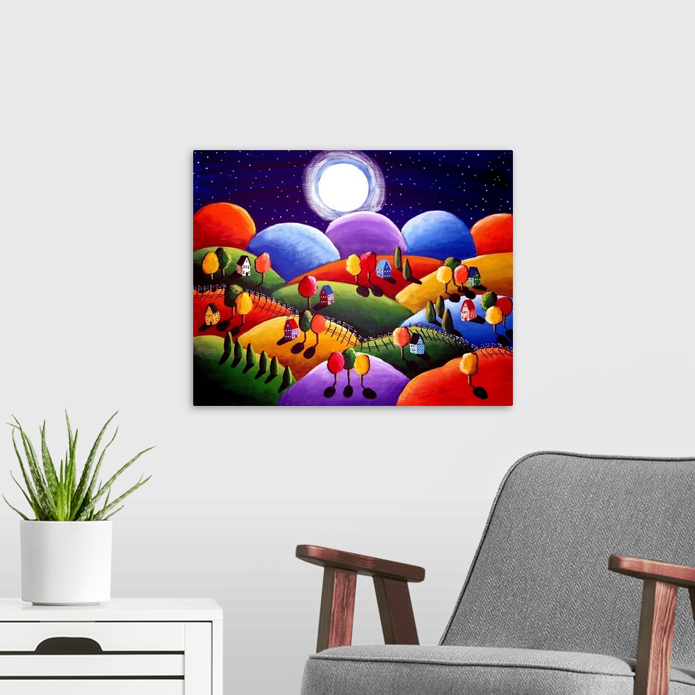 A modern room featuring Whimsical painting of cozy little houses and trees on rolling hills under a full moon sky.