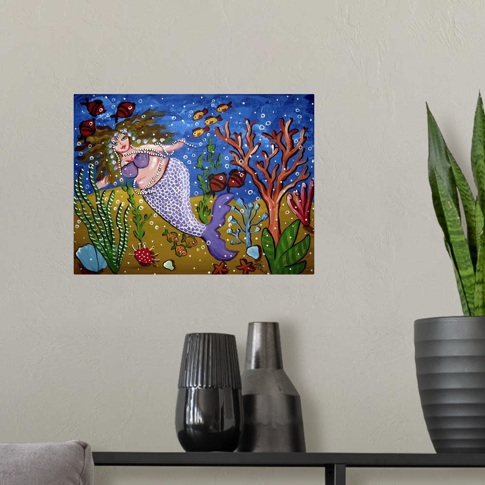 A modern room featuring Fun and colorful Mermaid with various sea life.