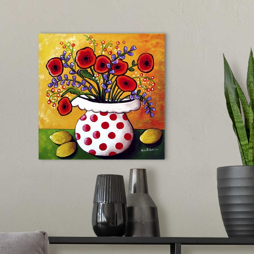 A modern room featuring Fun, colorful floral with red Poppies and lemons.