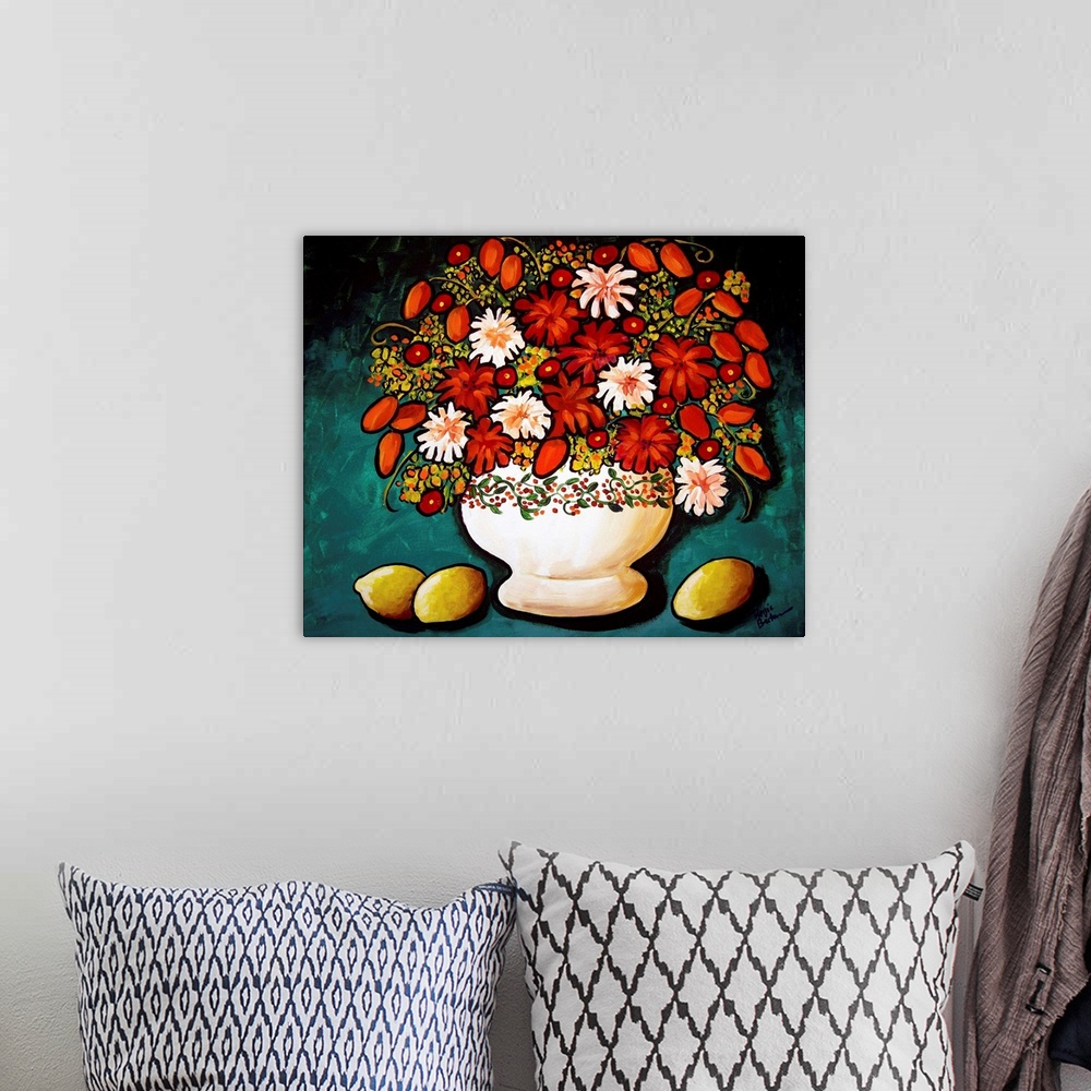 A bohemian room featuring Still life painting with potted Autumn colored flowers on a teal background with lemons on the side.