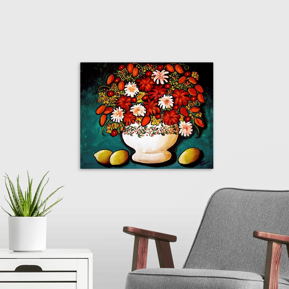 A modern room featuring Still life painting with potted Autumn colored flowers on a teal background with lemons on the side.
