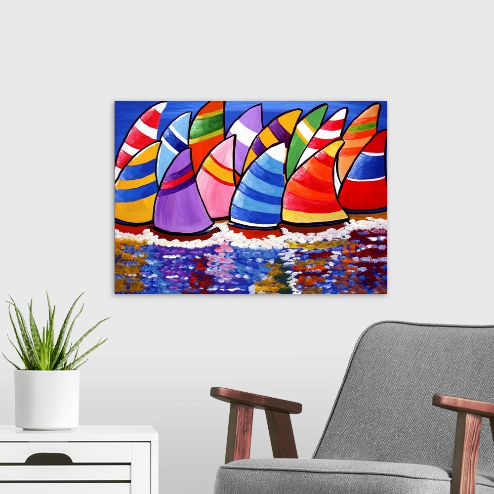 A modern room featuring Colorful sailboats enjoying the day, reflect into the water under a blue sky.