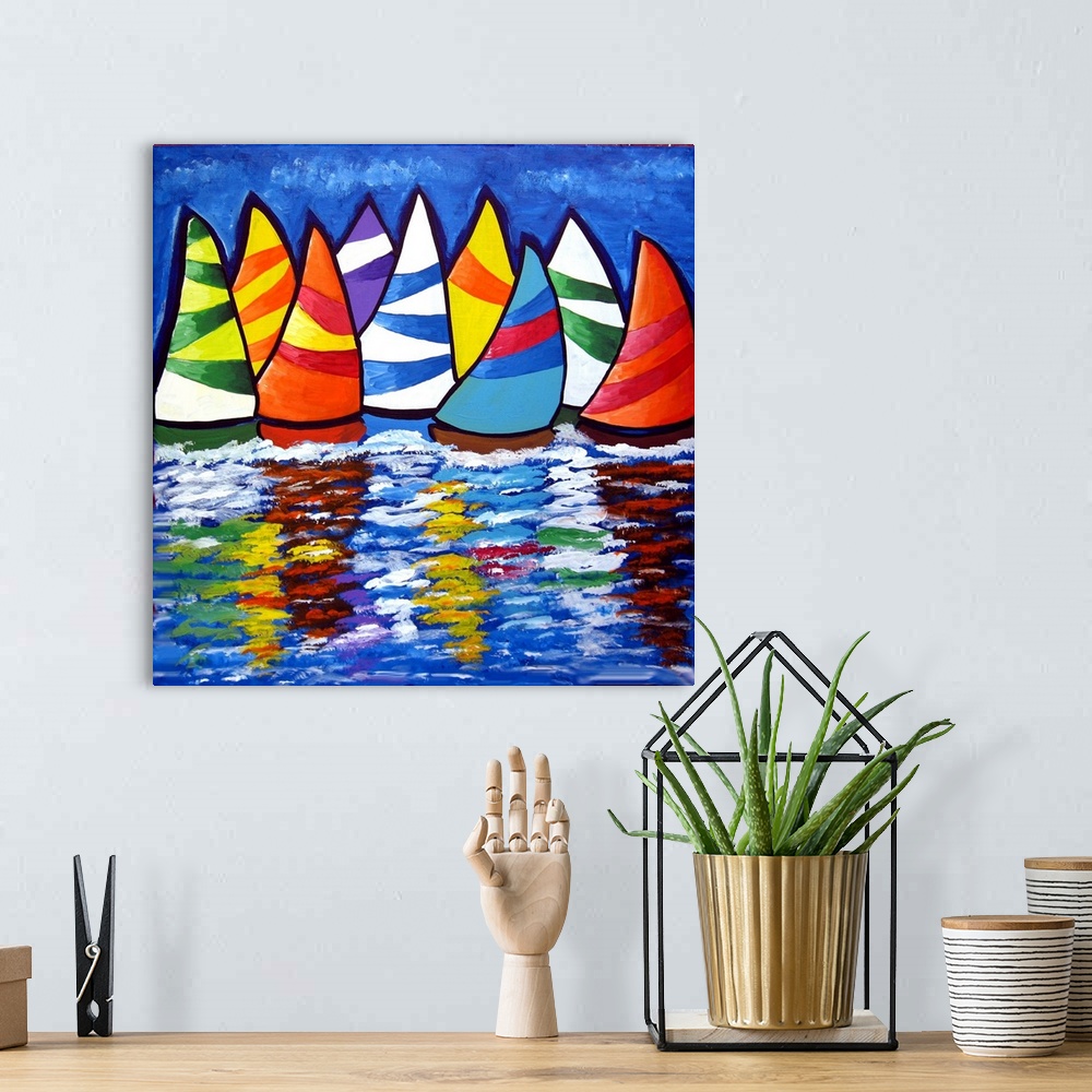 A bohemian room featuring Colorful, whimsical sailboats reflect in the water.