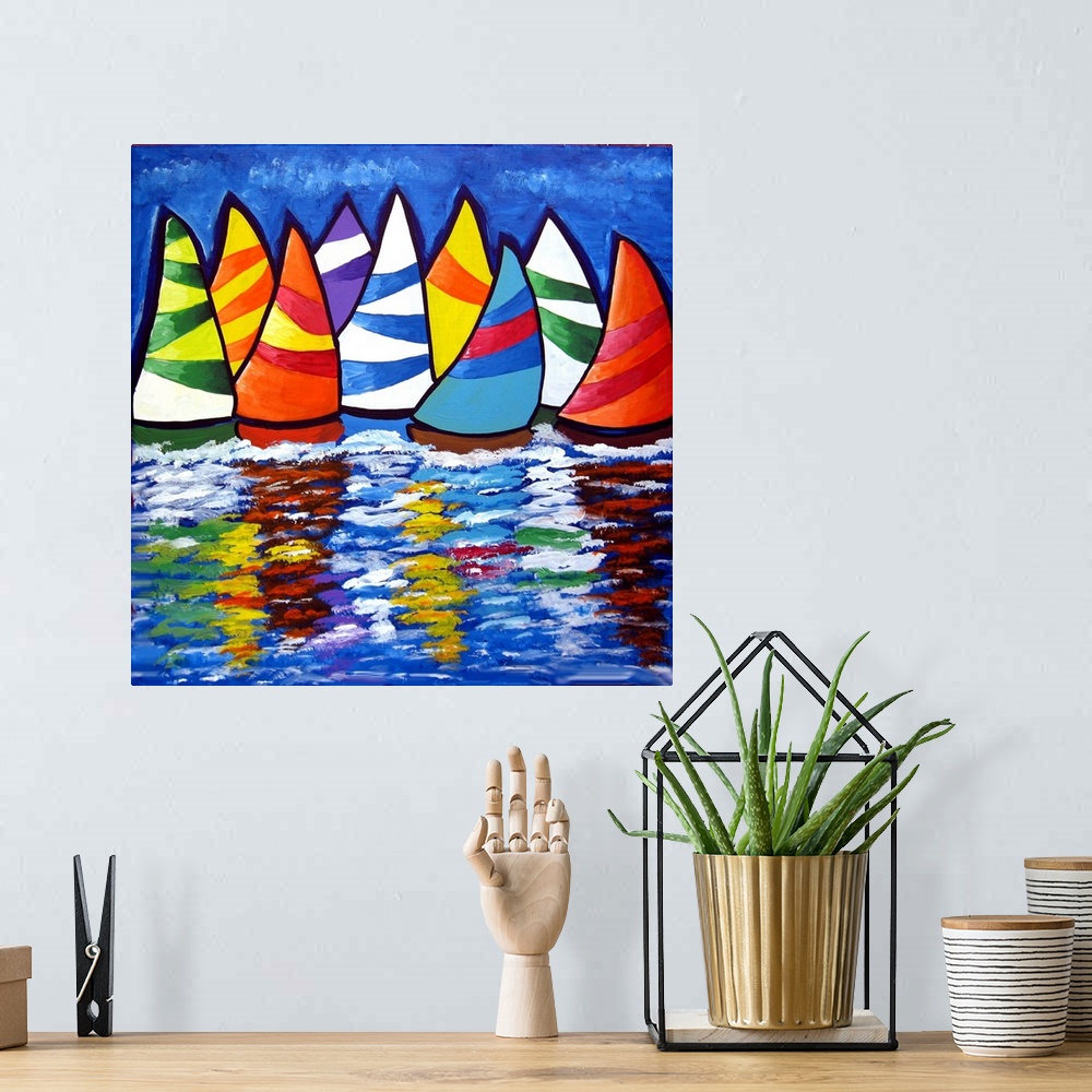 A bohemian room featuring Colorful, whimsical sailboats reflect in the water.