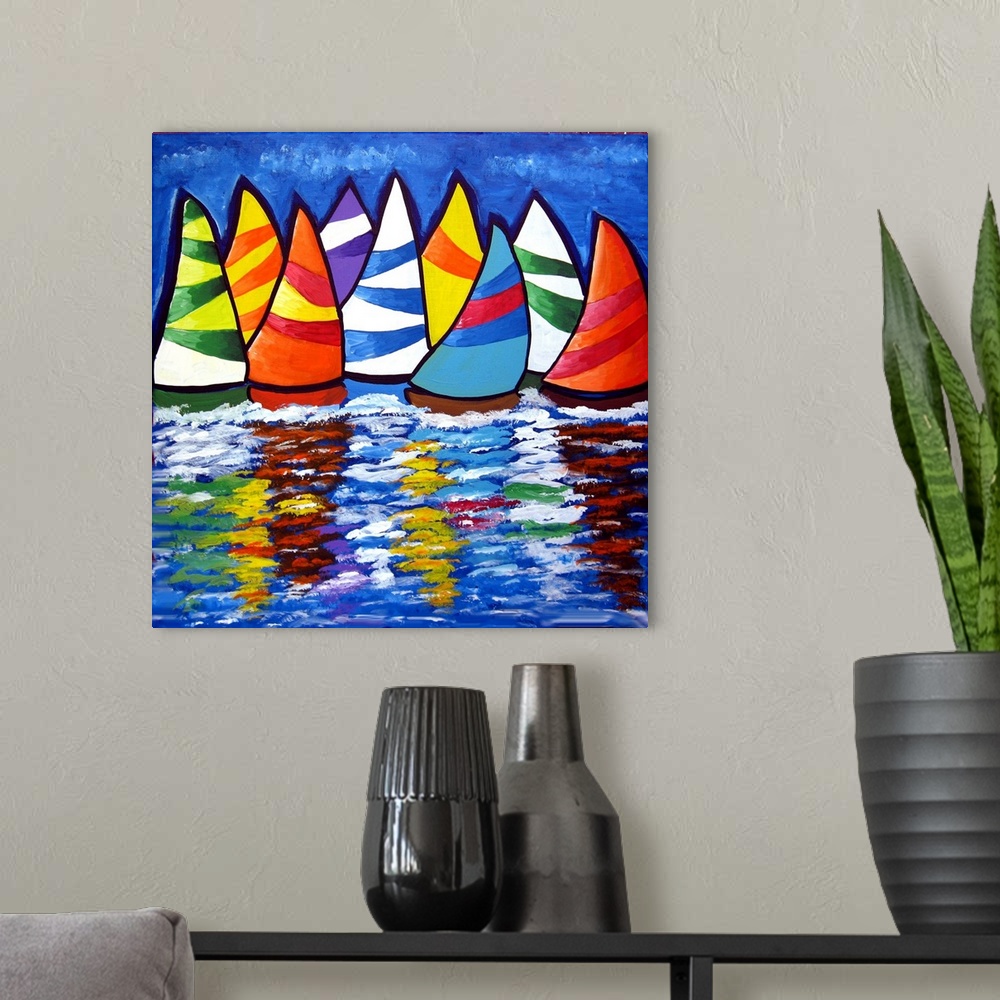 A modern room featuring Colorful, whimsical sailboats reflect in the water.