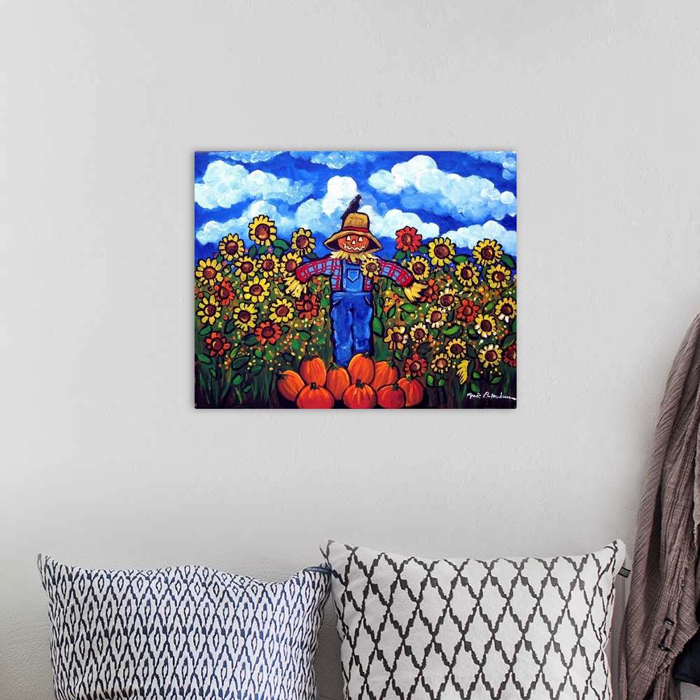 A bohemian room featuring Whimsical fall scene with a Scarecrow who doesn't appear to be doing his job since a crow sits on...