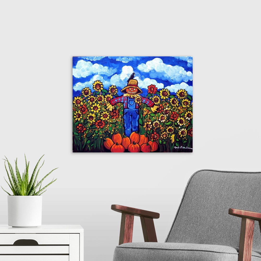 A modern room featuring Whimsical fall scene with a Scarecrow who doesn't appear to be doing his job since a crow sits on...