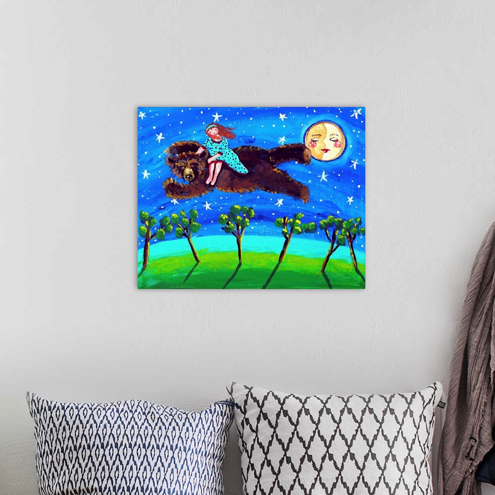 A bohemian room featuring A magical scene with a girl riding a bear through the night sky.