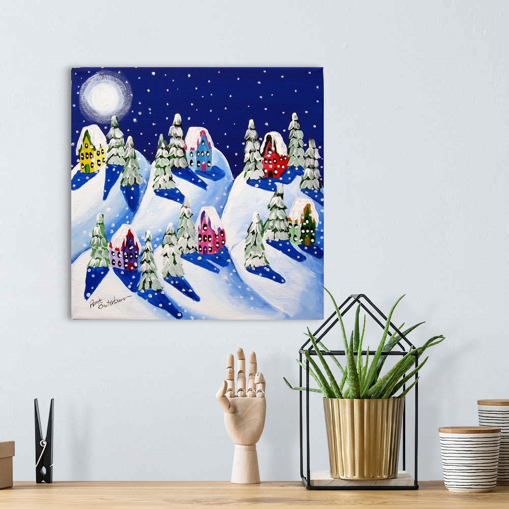 A bohemian room featuring Winter scene with softly falling snow on cozy houses, under a winter moon.