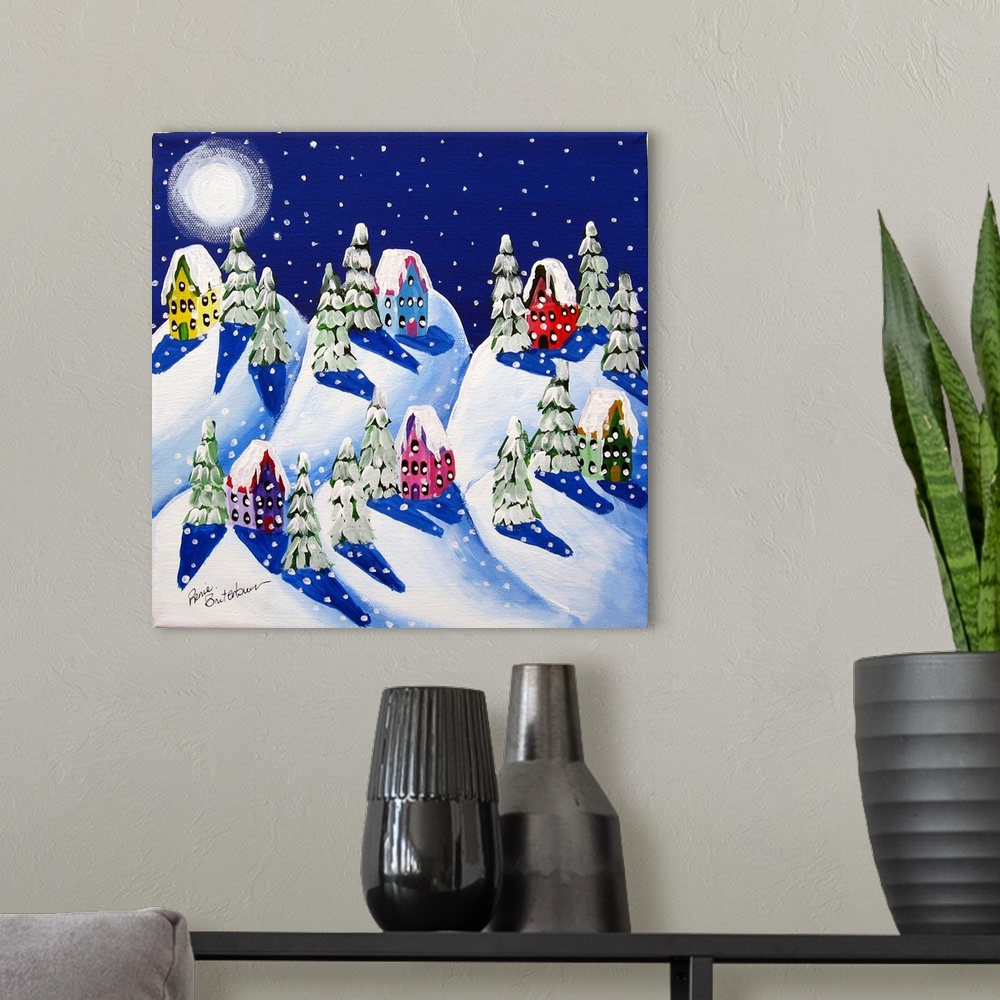 A modern room featuring Winter scene with softly falling snow on cozy houses, under a winter moon.