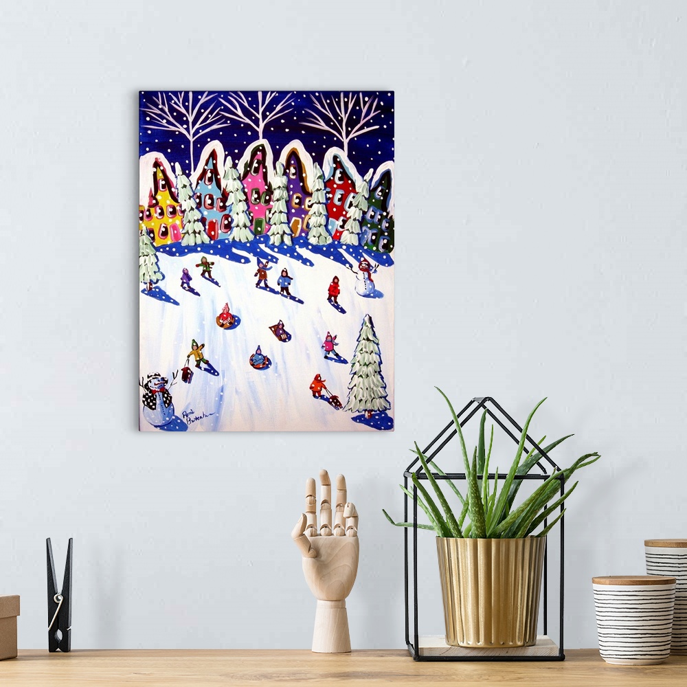 A bohemian room featuring Winter folk art scene with kids enjoying the snow, sledding down the hill.