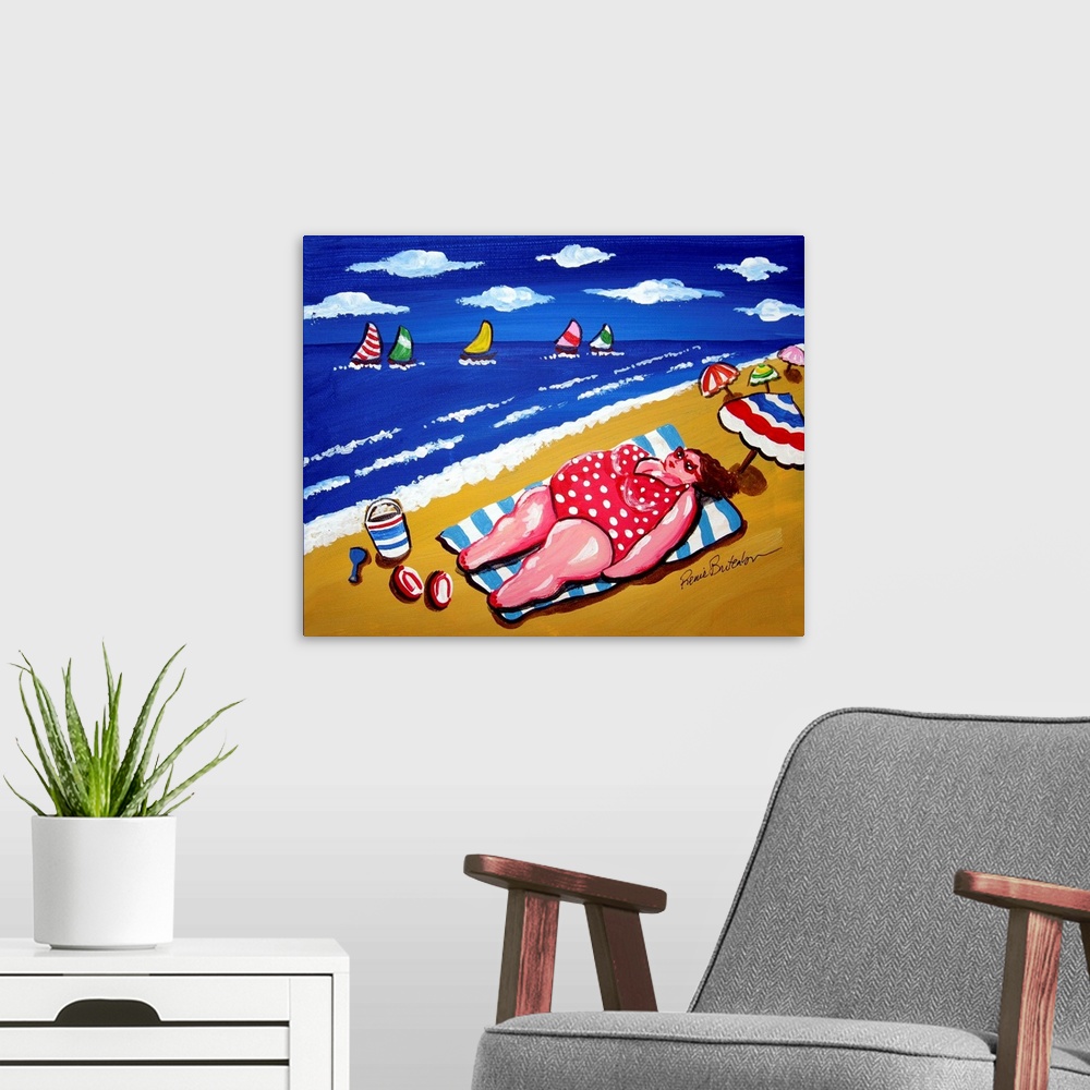 A modern room featuring Big Beach Diva is catching a few rays at the beach.