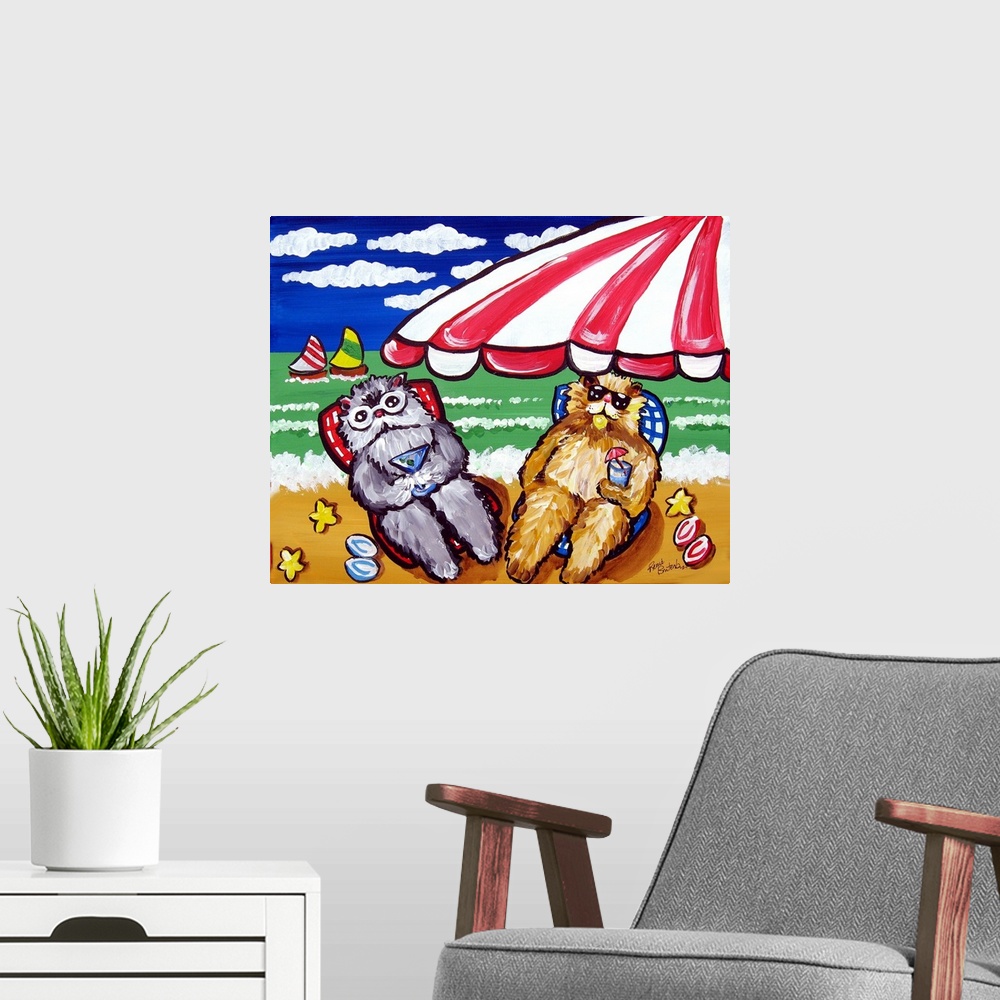 A modern room featuring Two cats are catching some rays and sipping some tropical drinks. Fun beach scene.