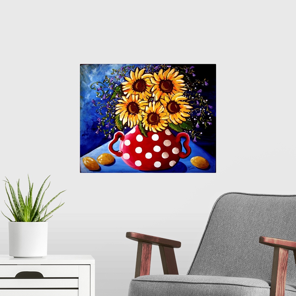 A modern room featuring Whimsical sunflowers with little purple flowers along with lemons.