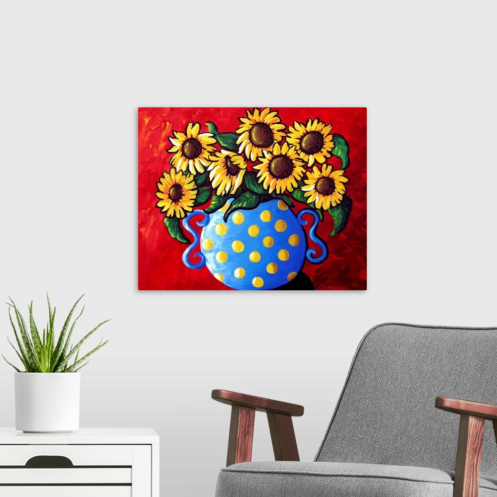 A modern room featuring Colorful floral still life with sunflowers.