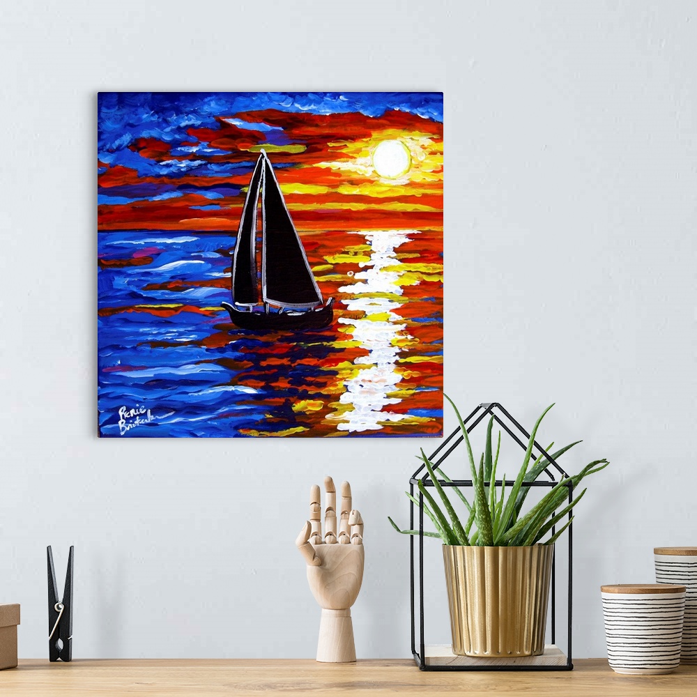A bohemian room featuring Brilliant sunset reflects in the water where a sailboat drifts by.