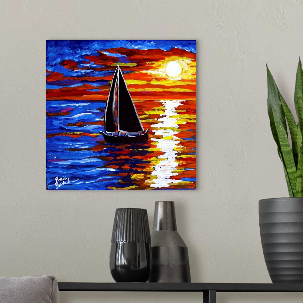 A modern room featuring Brilliant sunset reflects in the water where a sailboat drifts by.