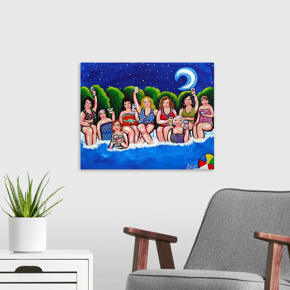 A modern room featuring Fun folk art with a group of Divas enjoying their cocktails around the pool, under the moon and s...