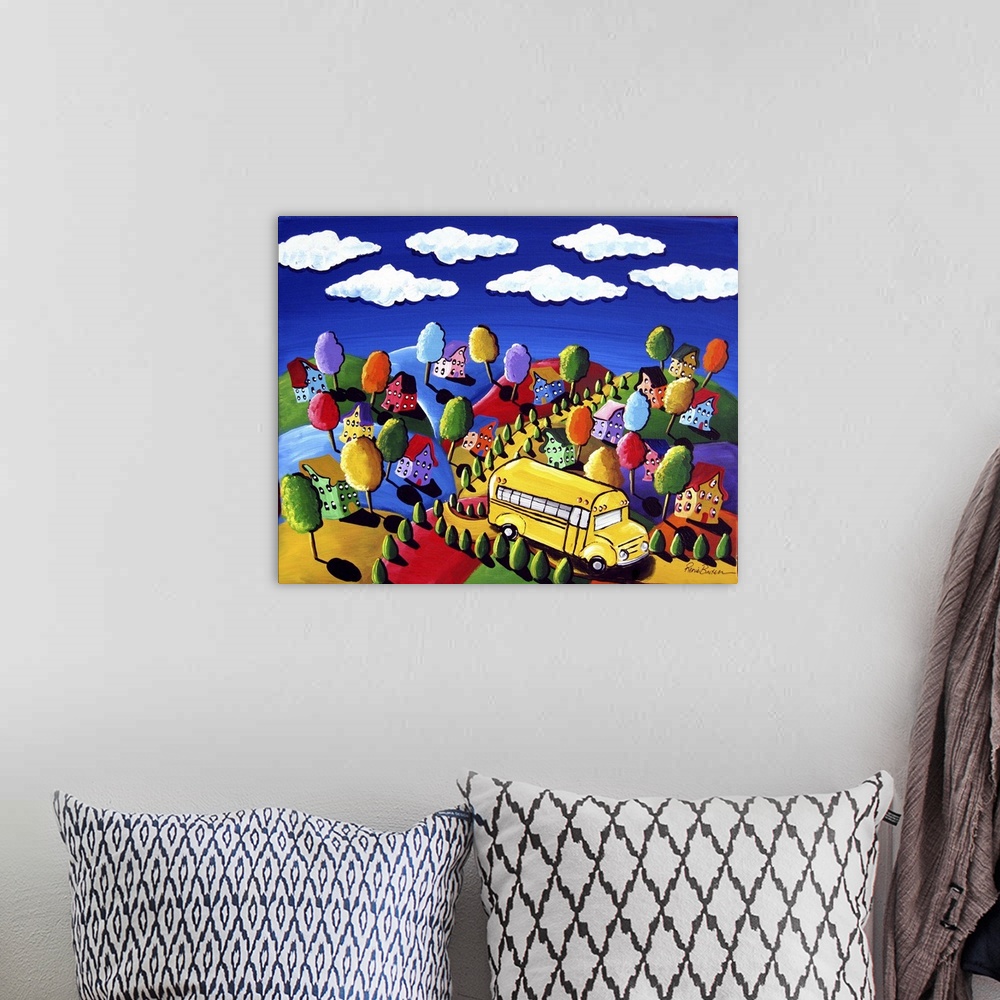 A bohemian room featuring The school bus makes it way through  the colorful landscape, picking up the children.