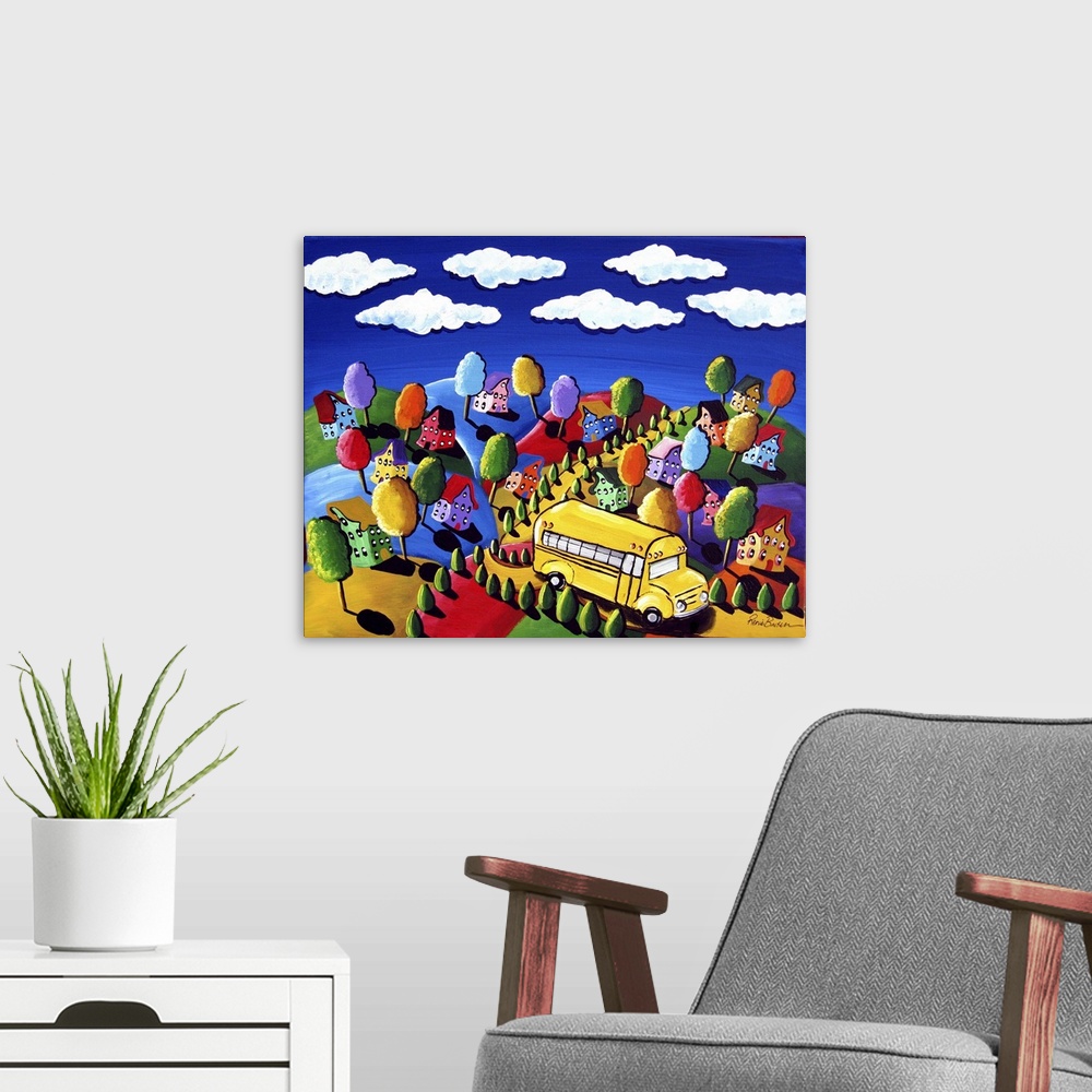 A modern room featuring The school bus makes it way through  the colorful landscape, picking up the children.