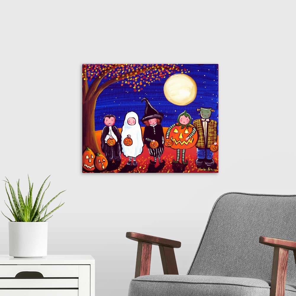 A modern room featuring A row of children dressed up for Halloween under a large full moon.