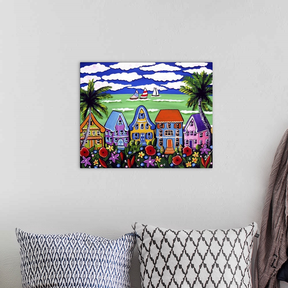 A bohemian room featuring Fun, whimsical, colorful beach scene, reminiscent of Key West.