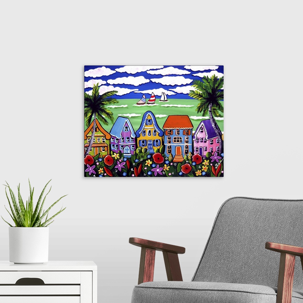A modern room featuring Fun, whimsical, colorful beach scene, reminiscent of Key West.