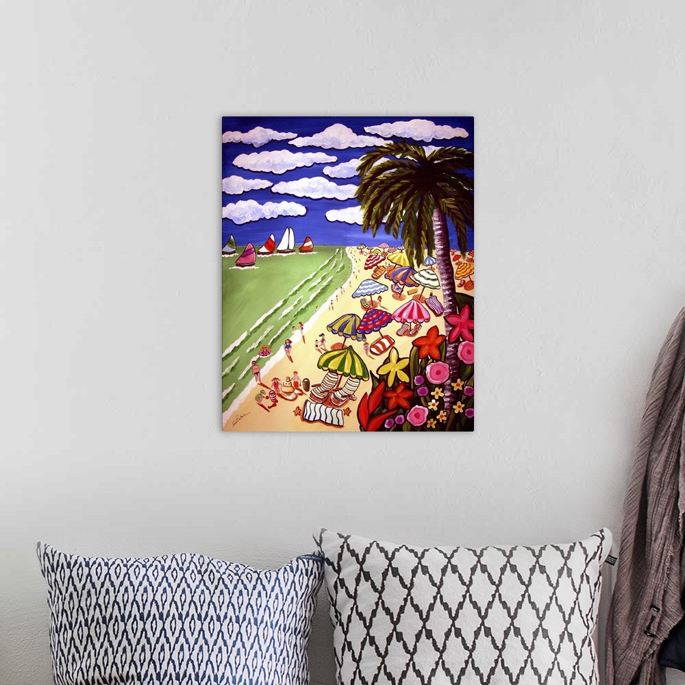 A bohemian room featuring Colorful, whimsical beach scene with beach umbrellas, tropical flowers and sailboats.
