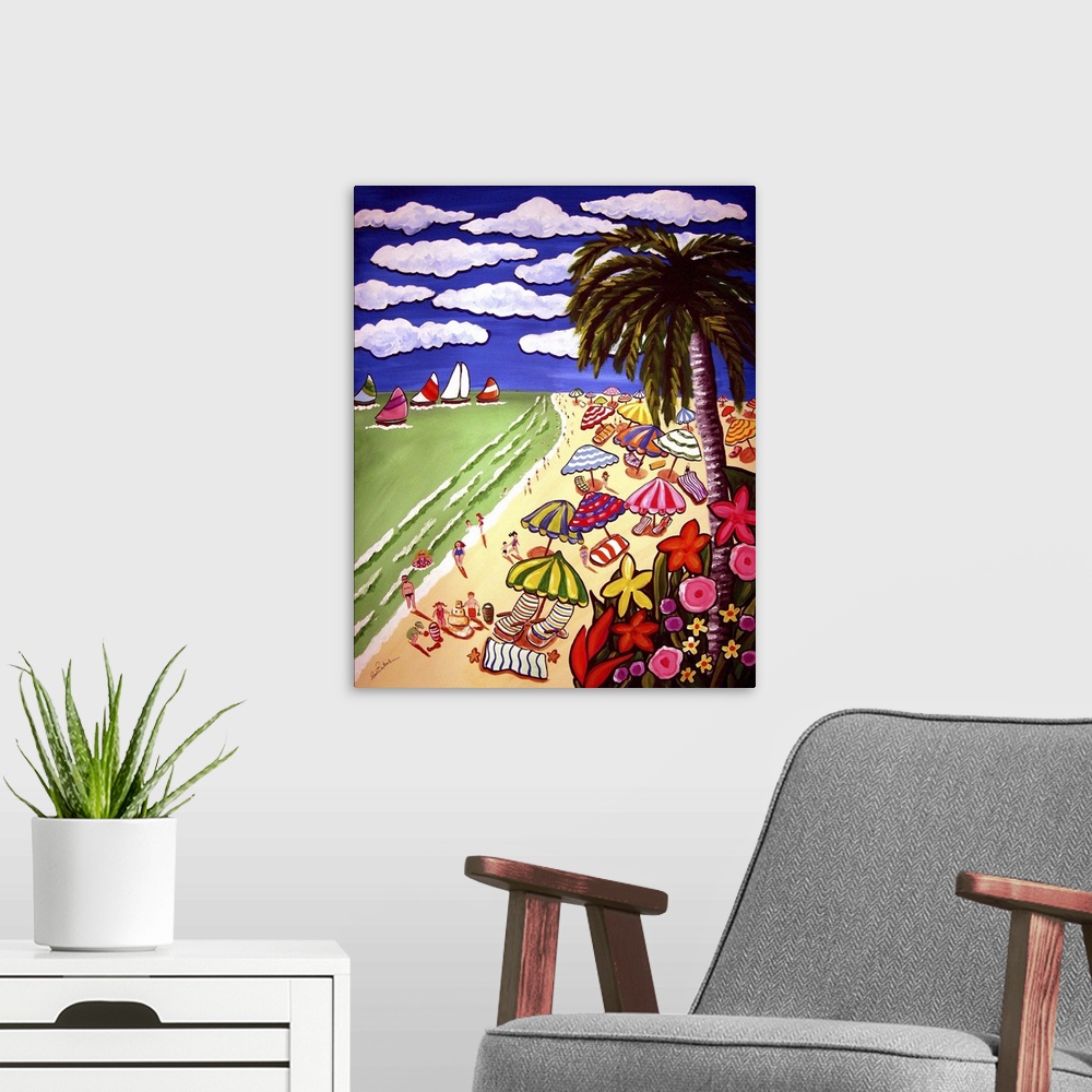 A modern room featuring Colorful, whimsical beach scene with beach umbrellas, tropical flowers and sailboats.